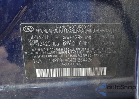 2012 Hyundai Sonata Gls Pzev from USA, damaged, VIN 5NPEB4AC4CH334426